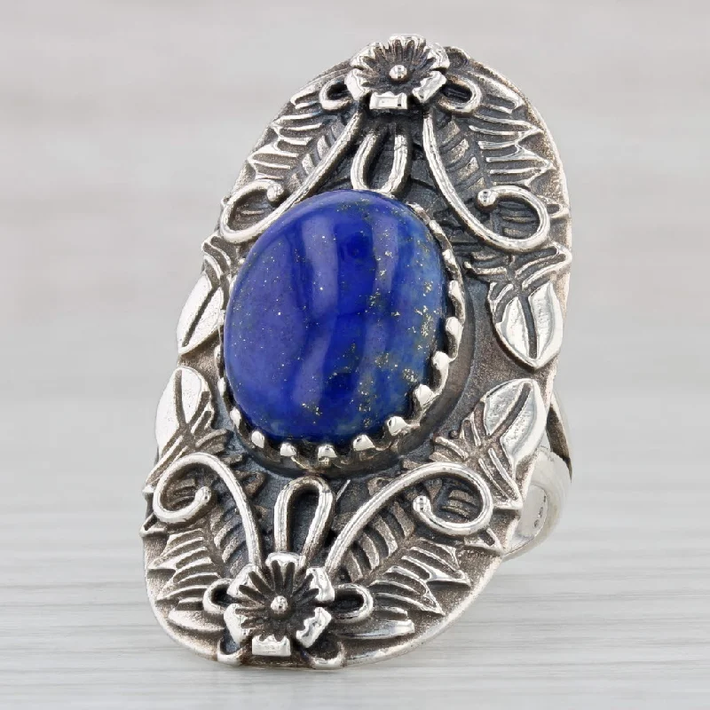 halo engagement rings for women-Southwestern Lapis Lazuli Floral Statement Ring Sterling Silver Sz 8.25 Vintage