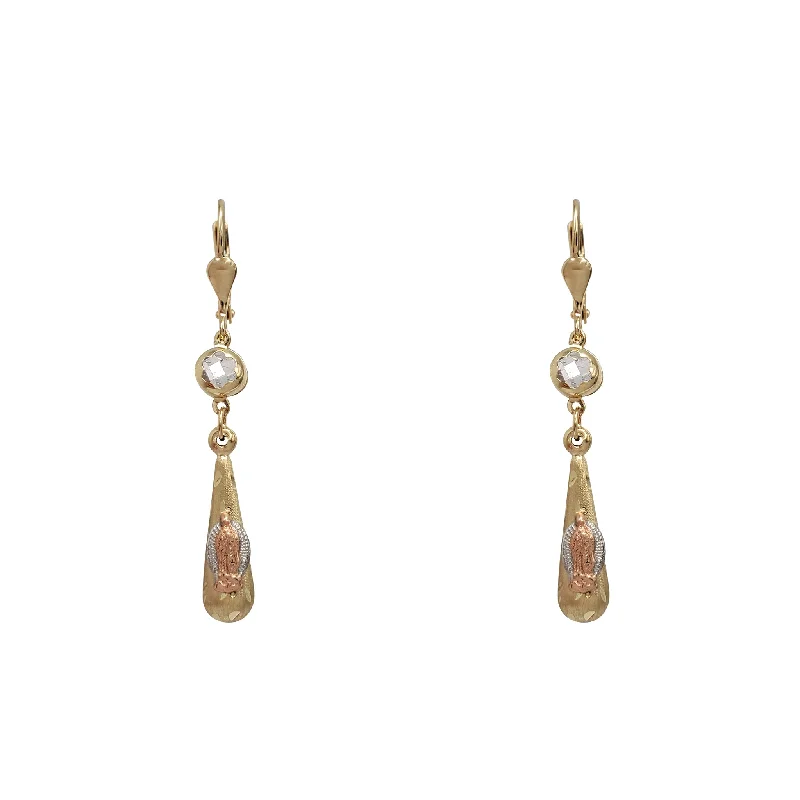 luxury gold earrings for women-Tricolor Virgin Mary Drop Dangling Earrings (14K)