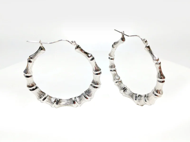 long earrings for women-Bamboo Style Hoop Earrings Sterling Silver