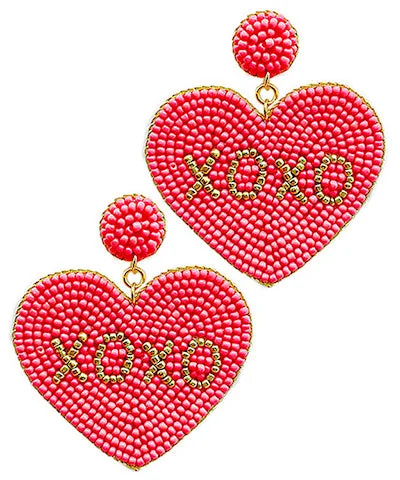 statement earrings for women-Neon Pink Beaded XOXO Heart Earrings