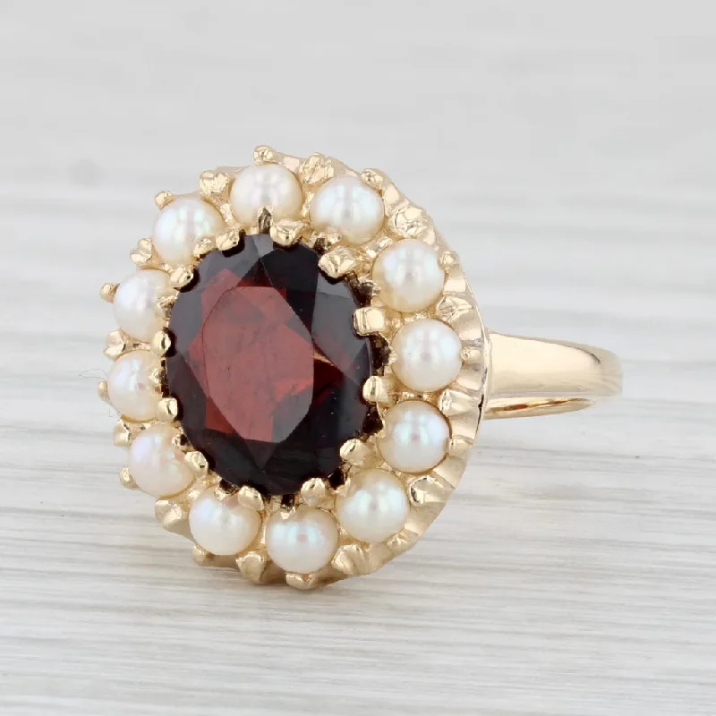 antique-style engagement rings for women-3.15ct Oval Garnet Pearl Halo Ring 14k Yellow Gold Size 6