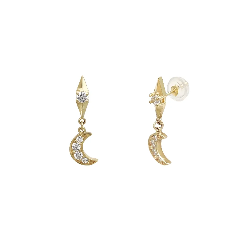 crystal stud earrings for women-Crescent Moon Stud Hanging Earrings (14K)