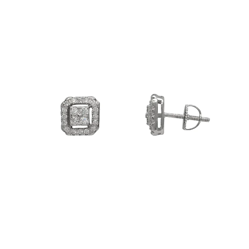 crystal drop earrings for women-Zirconia Halo Square Stud Earrings (Silver)