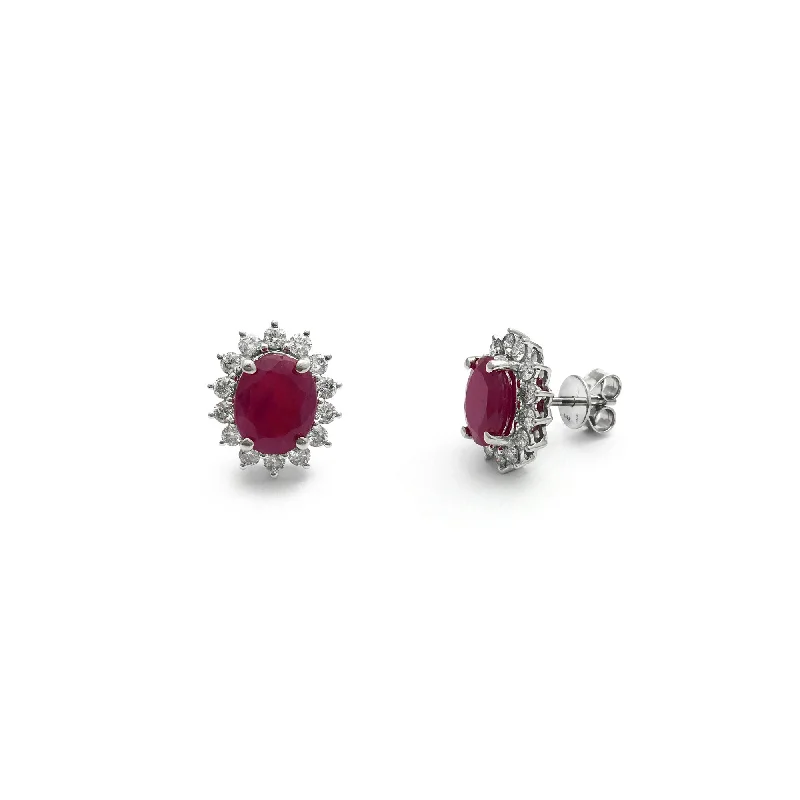 elegant earrings for women-Oval Ruby Diamond Halo Stud Earrings (14K)