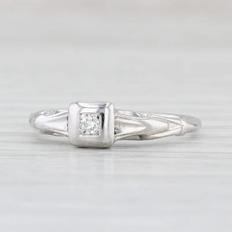 simple engagement rings for women-Vintage Diamond Solitaire Ring 14k White Gold Size 6.25