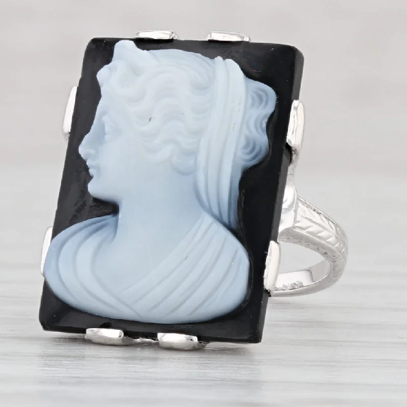 affordable solitaire engagement rings for women-Antique Chalcedony Cameo Ring 18k Gold Black White Figural Carved Small Size