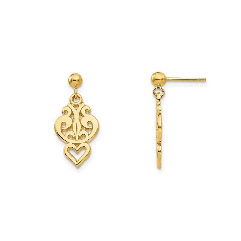 bohemian earrings for women-Filigree Heart Stud Dangling Earrings (14K)