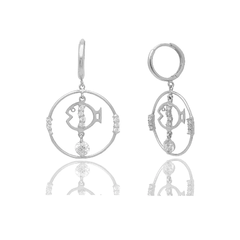 affordable earrings for women-Outline Round Fish CZ Huggie Earrings (14K)