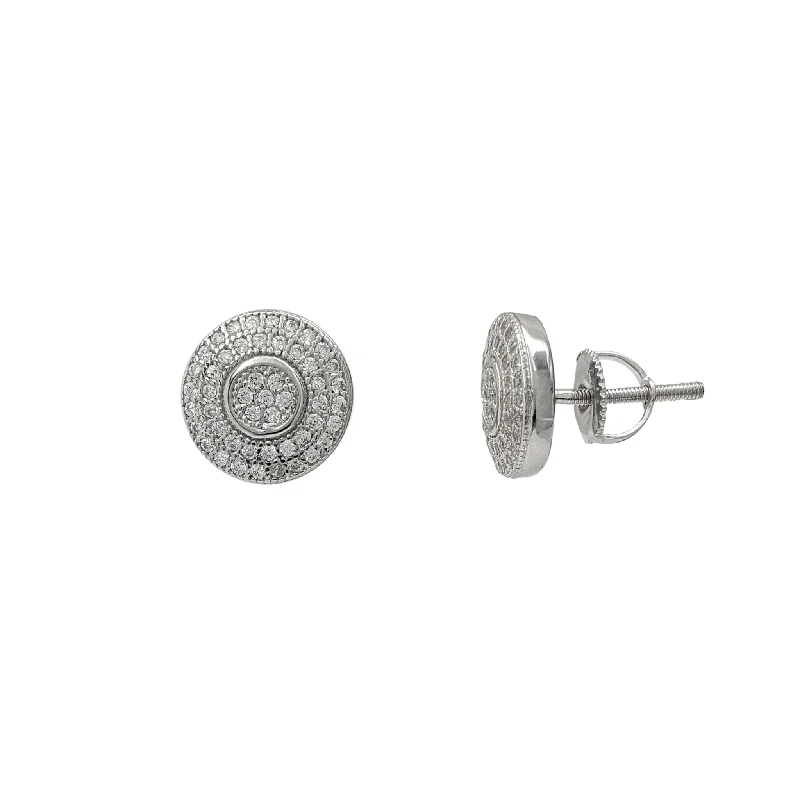 boho earrings for women-Zirconia Pave Round Stud Earrings (Silver)