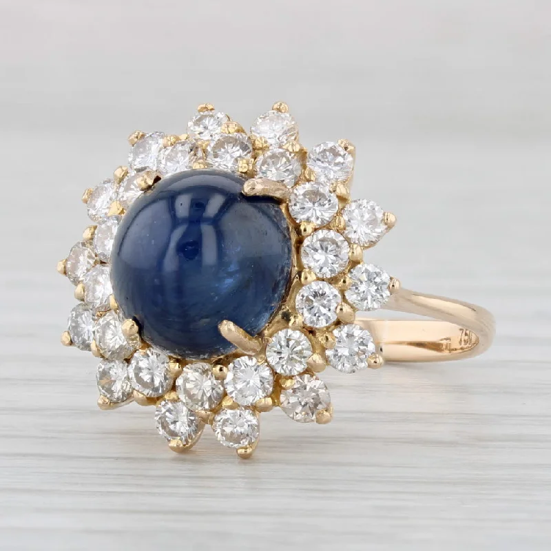 cushion-shaped engagement rings for women-Blue Sapphire Diamond Halo Ring 18k Yellow Gold Size 8 Cocktail