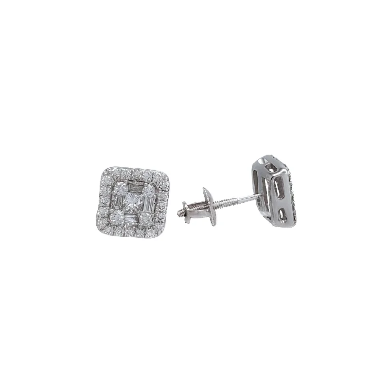 white gold earrings for women-Diamond Square Baguette Earrings (14K)