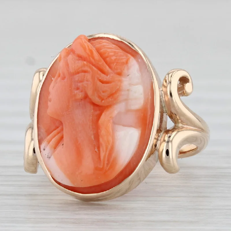 antique-style engagement rings for women-Antique Coral Cameo Ring 10k Yellow Gold Size 3.75 Figural