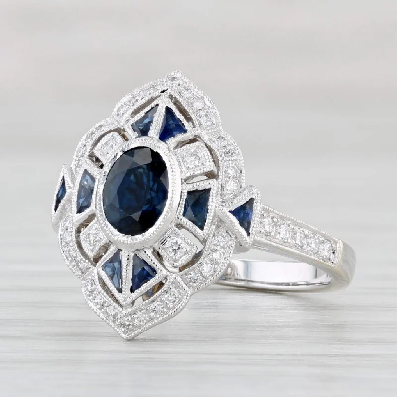 statement engagement rings for women-New Beverley K 1.45ctw Blue Sapphire Diamond Halo Ring 18k White Gold Size 6.5