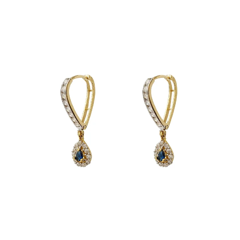 minimalist earrings for women-Blue Stone Pave Teardrop V-Shape Hanging Huggie Earrings (14K)