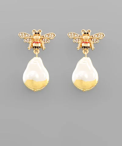 diamond drop earrings for women-Bee & Teardrop Pearl Earrings