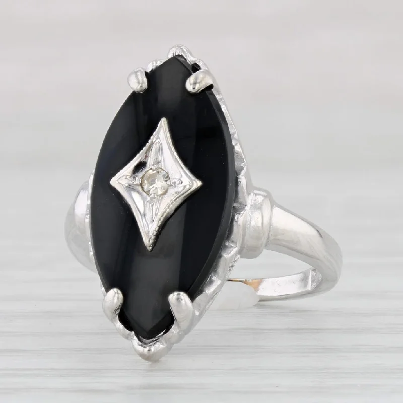 engagement rings with emerald stones for women-Vintage Onyx Diamond Signet Ring 10k White Gold Size 5.75 Hallmark