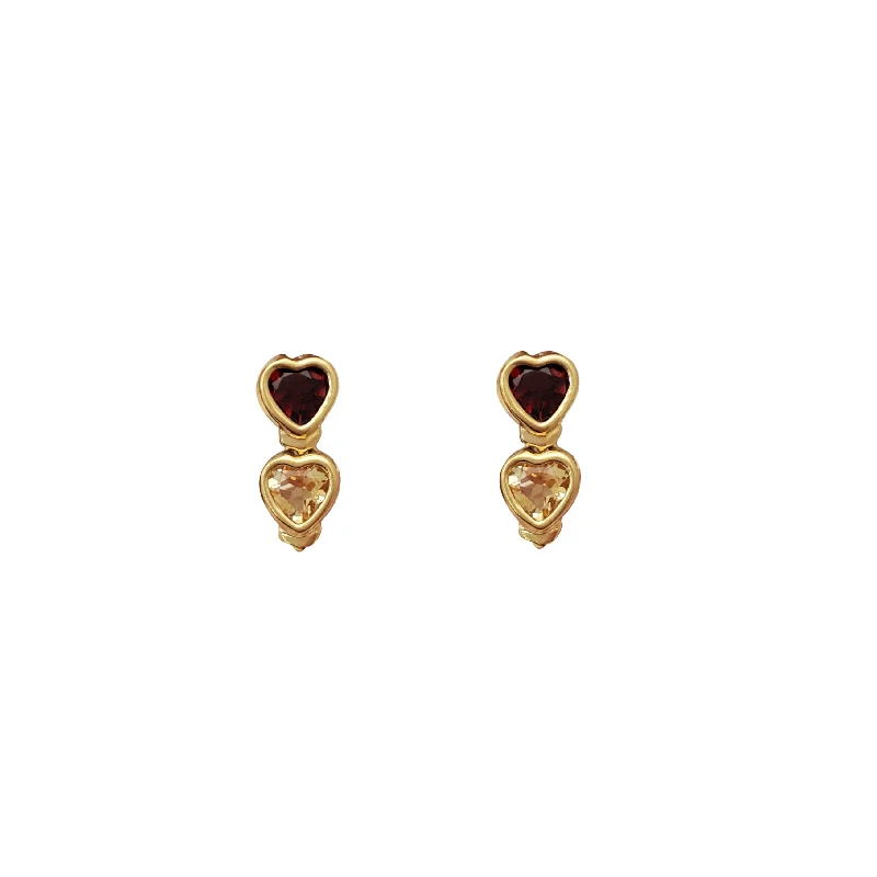 minimalist stud earrings for women-Garnet & Topaz Double-Heart Hanging Earrings (14K)