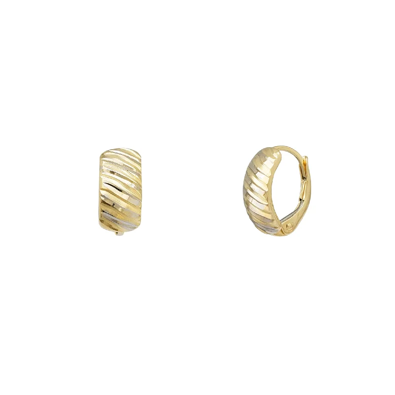 trendy earrings for women-Glossy Two-Tone Ridged-cuts Huggie Earrings (14K)