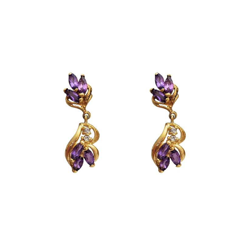 glitter earrings for women-Enflamed Flower Amethyst Dangling Stud Earrings (14K)