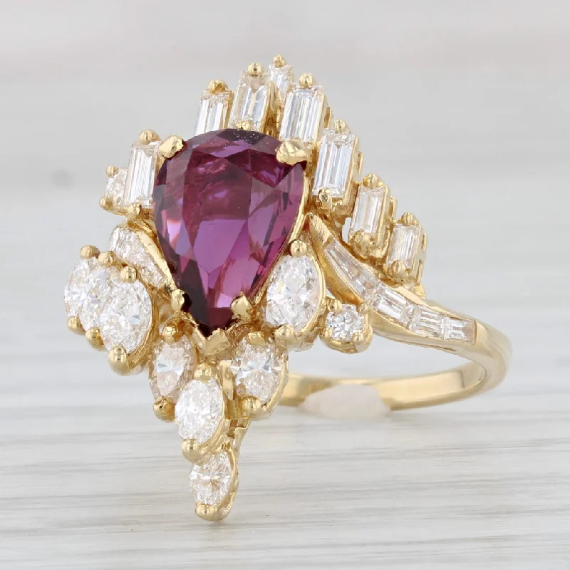 solitaire diamond engagement rings for women-3.48ctw Pear Ruby Diamond Cluster Cocktail Ring 18k Yellow Gold Size 7.5 GIA