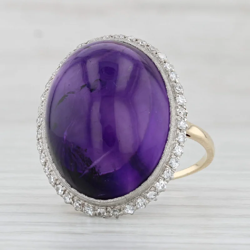 round-cut engagement rings for women-Vintage Amethyst Cabochon Diamond Halo Cocktail Ring 14k Yellow Gold Platinum