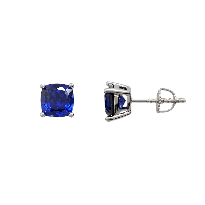 luxury diamond earrings for women-Blue Sapphire Cushion-Shape Solitaire Stud Earrings (Silver)