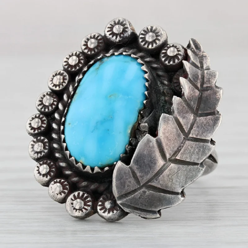 large engagement rings for women-Native American Turquoise Leaf Ring Sterling Silver Size 7.25 Statement