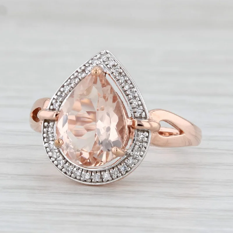 heart-shaped engagement rings for women-2.56ctw Pear Morganite Diamond Halo Teardrop Ring 10k Rose Gold Size 7