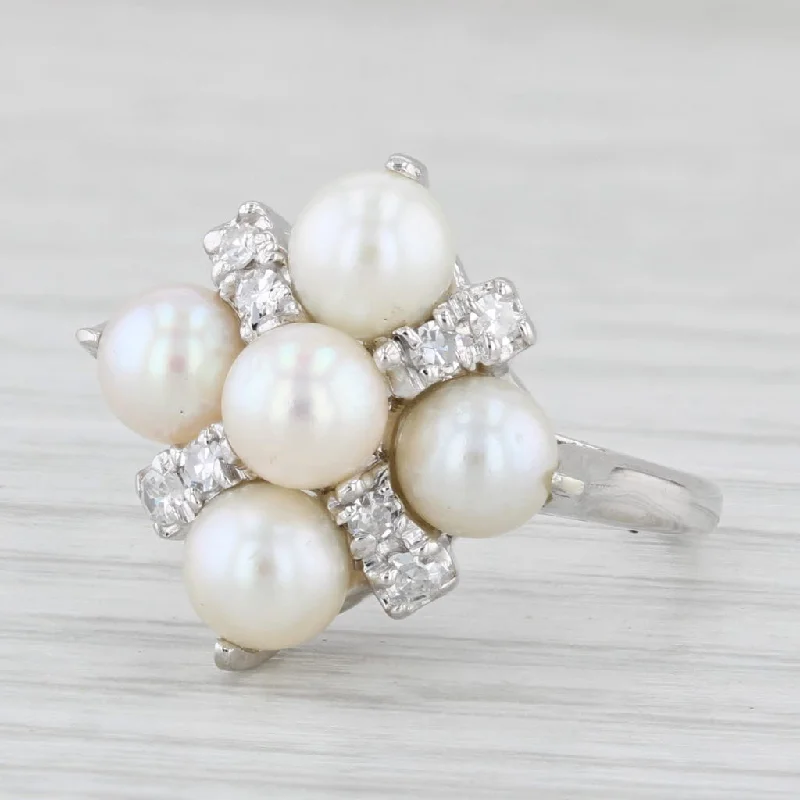 modern engagement rings for women-Cultured Pearl Diamond Cluster Ring 14k White Gold Size 7.25