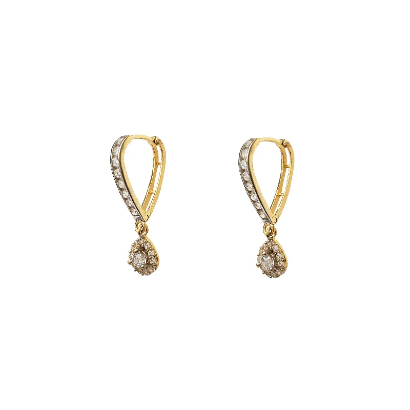 round diamond earrings for women-Two-Tone Pave Teardrop V-Shape Hanging Huggie Earrings (14K)