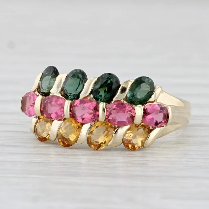 engagement rings with gemstones for women-2.60ctw Green Pink Yellow Tourmaline Ring 14k Yellow Gold Size 8.25