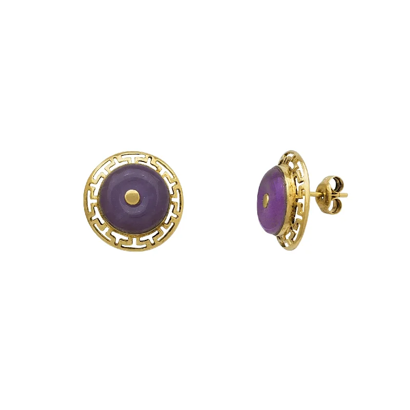 clip-on earrings for women-Greek-key Purple Jade Stud Earrings (14K)