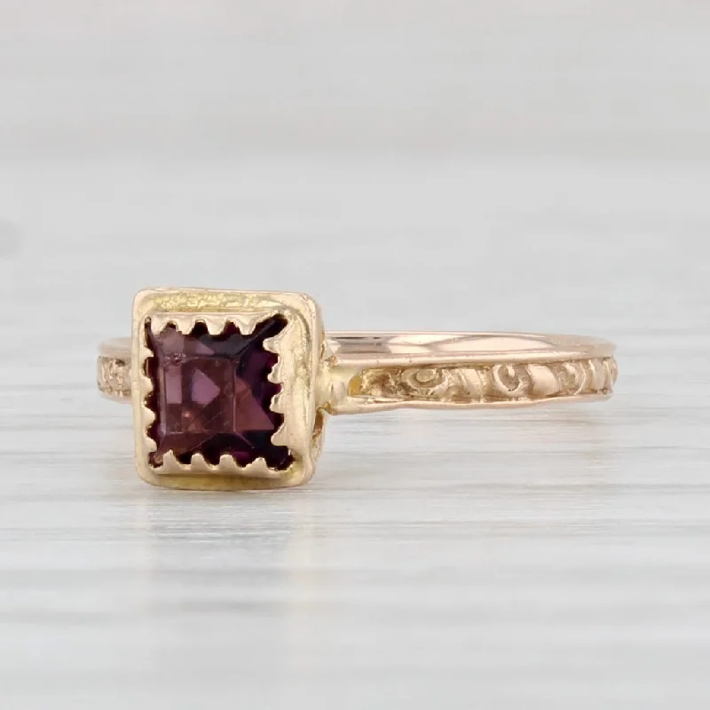 gold diamond engagement rings for women-Antique Molded Red Glass Garnet Simulant Ring 10k Yellow Gold Small Size 2