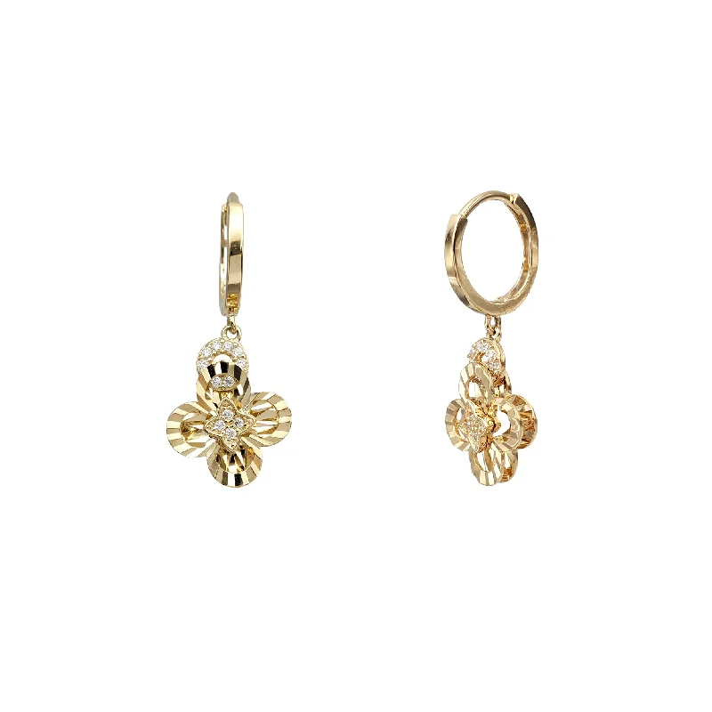 crystal stud earrings for women-Zirconia Fluted-cuts Four-Clover Hanging Earrings (14K)