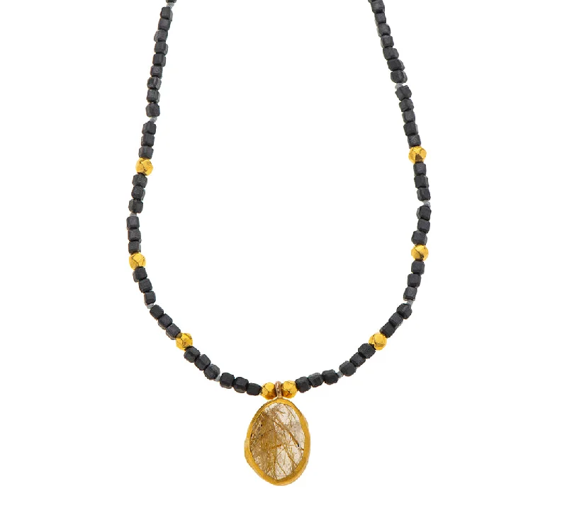 choker necklaces for women-Nava Zahavi Yellow Gold Rutil and Obsidian Necklace