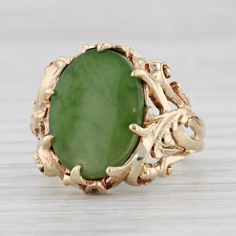 affordable diamond engagement rings for women-Green Nephrite Jade Floral Ring 10k Yellow Gold Size 8.25 Oval Solitaire