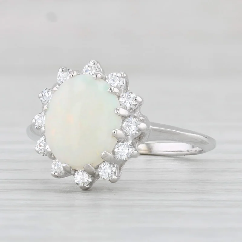 unique gemstone engagement rings for women-Oval Cabochon Opal 0.36ctw Diamond Halo Ring 14k White Gold Size 7.75