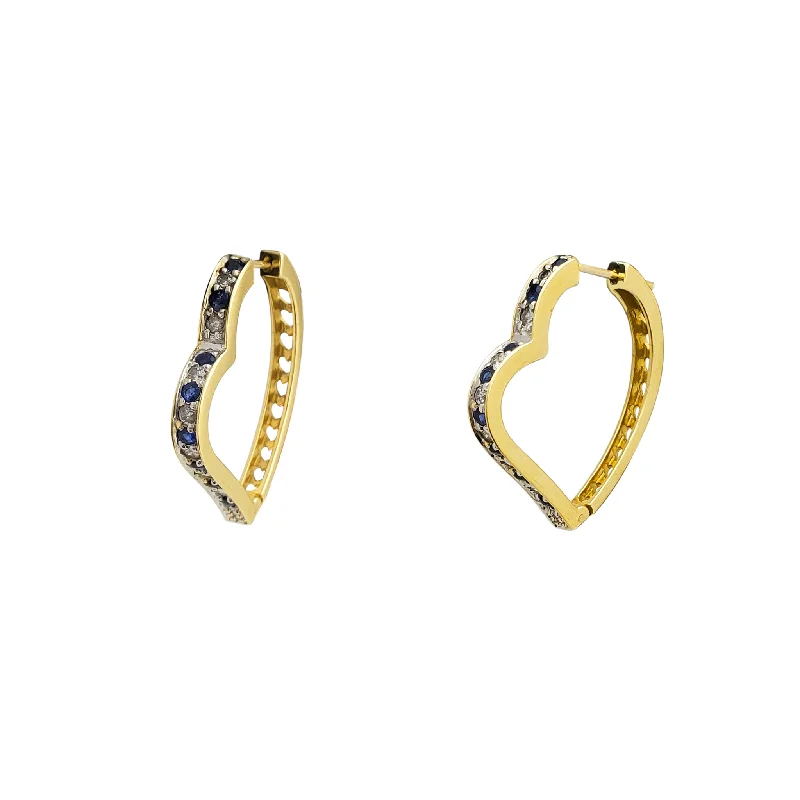 gemstone earrings for women-Diamond & Sapphire Heart-Shape Hoops Earrings (14K)