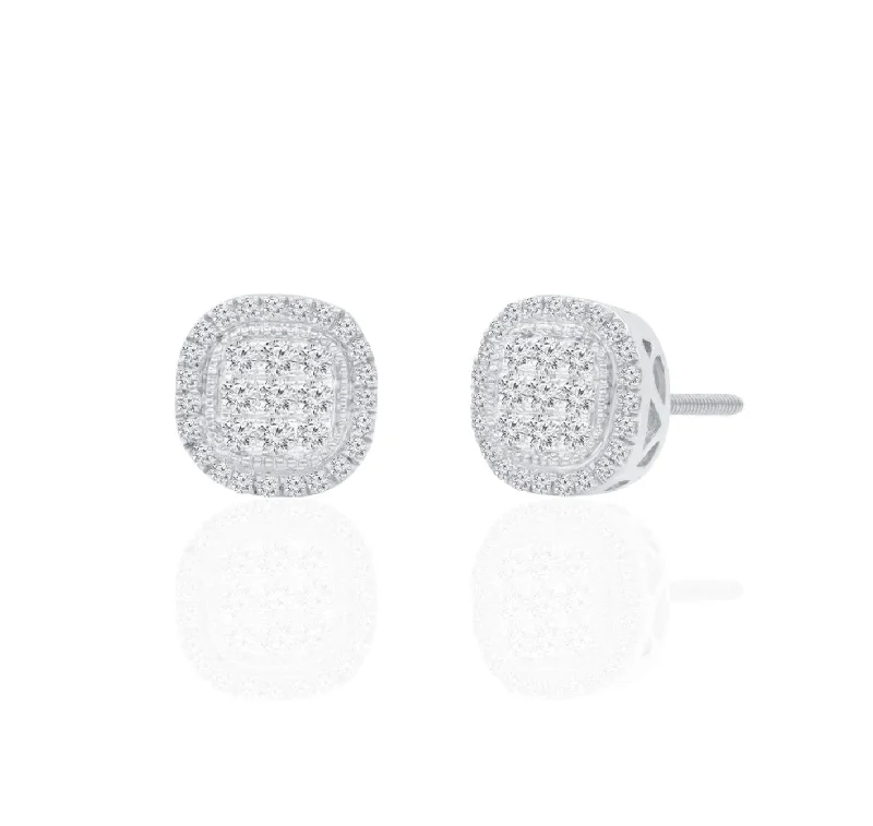 creative earrings for women-Diamond Milgrain Cushion-Shape Stud Earrings (14K)