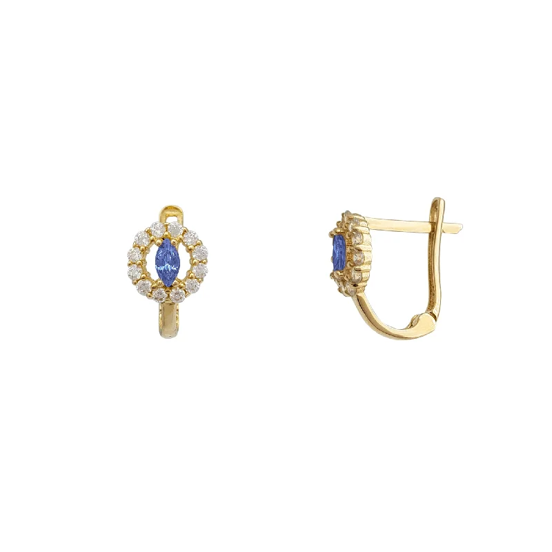 stud earrings for women-Zirconia Halo Blue Marquise Huggie Earrings (14K)