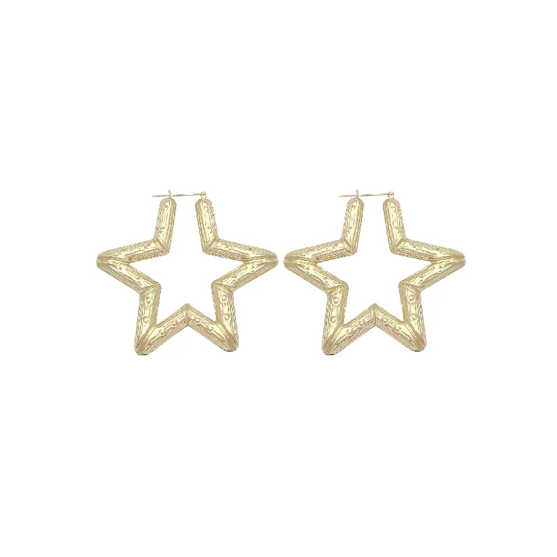 adjustable earrings for women-Star Shaped Studded Bamboo Hoop Earrings (10K)