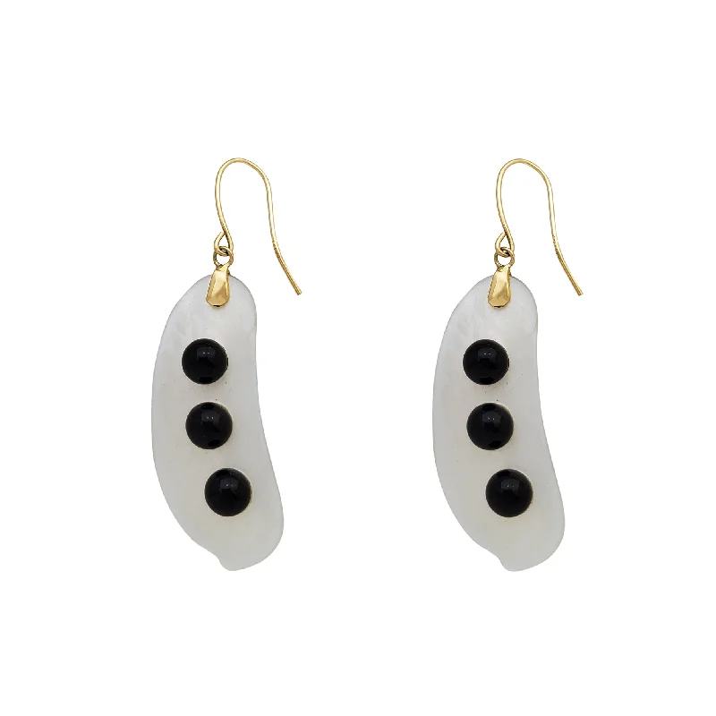 modern earrings for women-Mother of Pearl & Black Onyx Green Beans Dangling Earrings (14K)