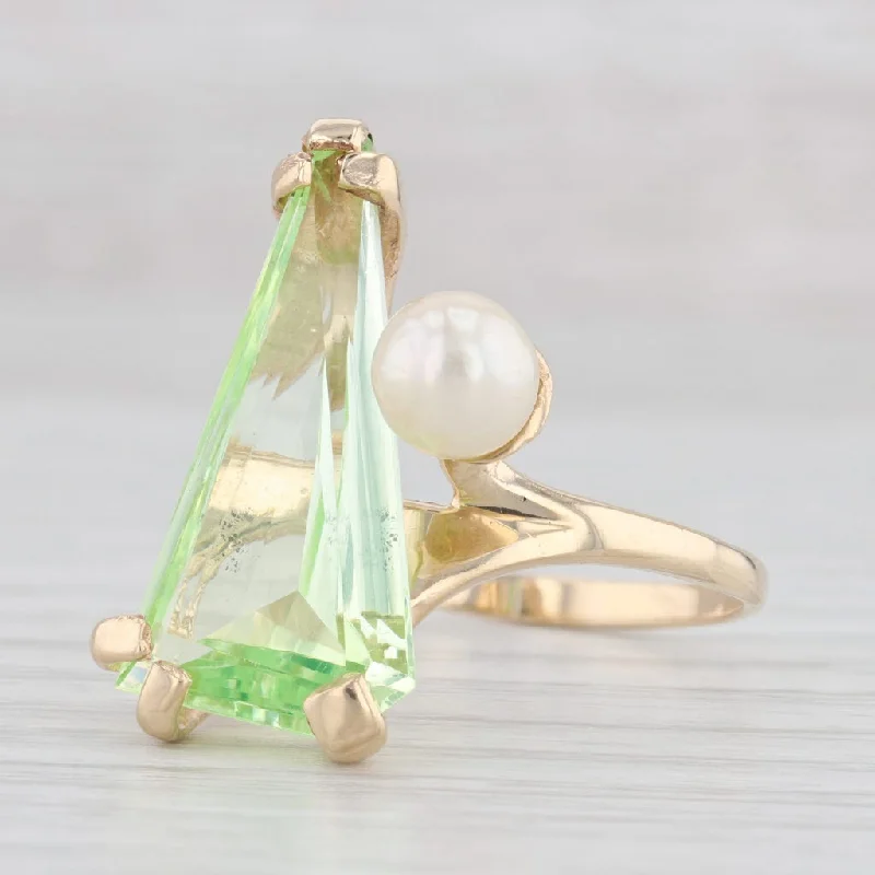 vintage-inspired engagement rings for women-3.90ct Lab Created Green Spinel Cultured Pearl Ring 14k Yellow Gold Size 10.25