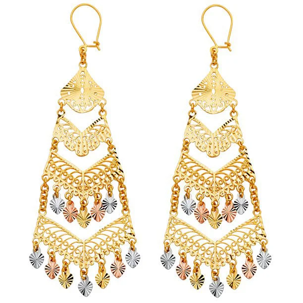 crystal heart earrings for women-Tricolor Diamond-cut Chandelier Earrings (14K)