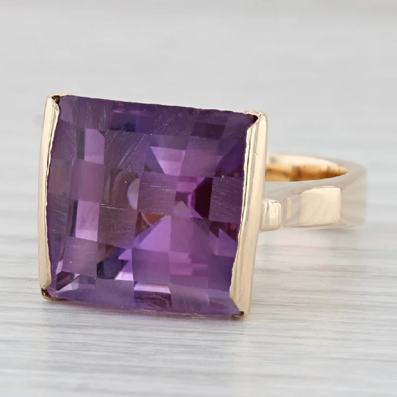 custom wedding and engagement rings for women-15.50ct Checkerboard Amethyst Ring 14k Yellow Gold Size 7.25-7.5 Cocktail