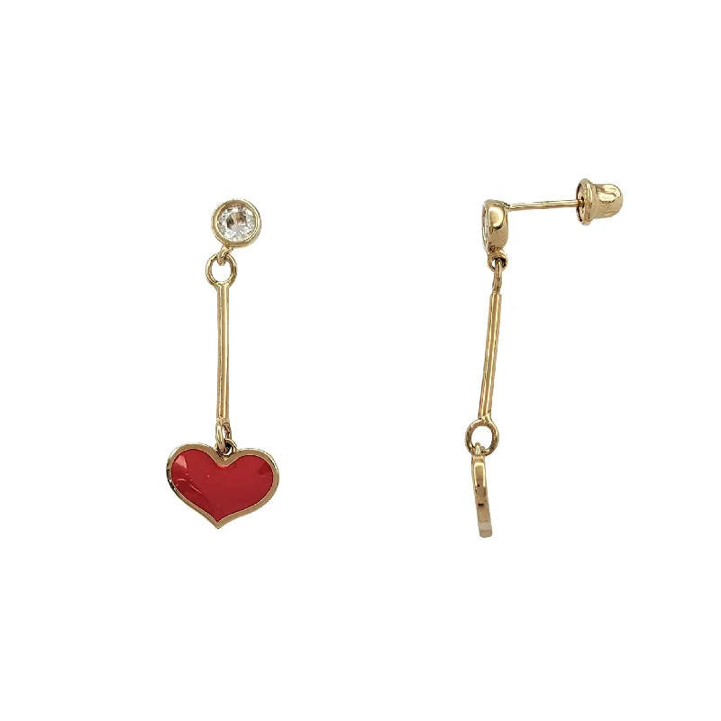 minimalist stud earrings for women-Zirconia Enameled Red Heart Dangling Bezel Stud Earrings (14K)