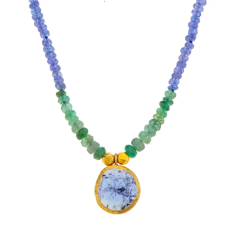 romantic gold necklaces for women-Nava Zahavi Yellow Gold Tanzanite and Emerald Necklace