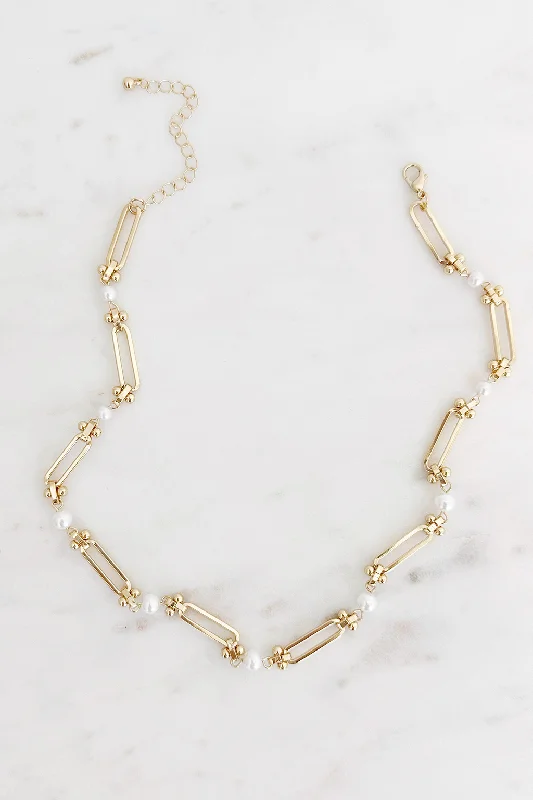 large gold necklaces for women-Large Paperclip Necklace with Freshwater Pearl