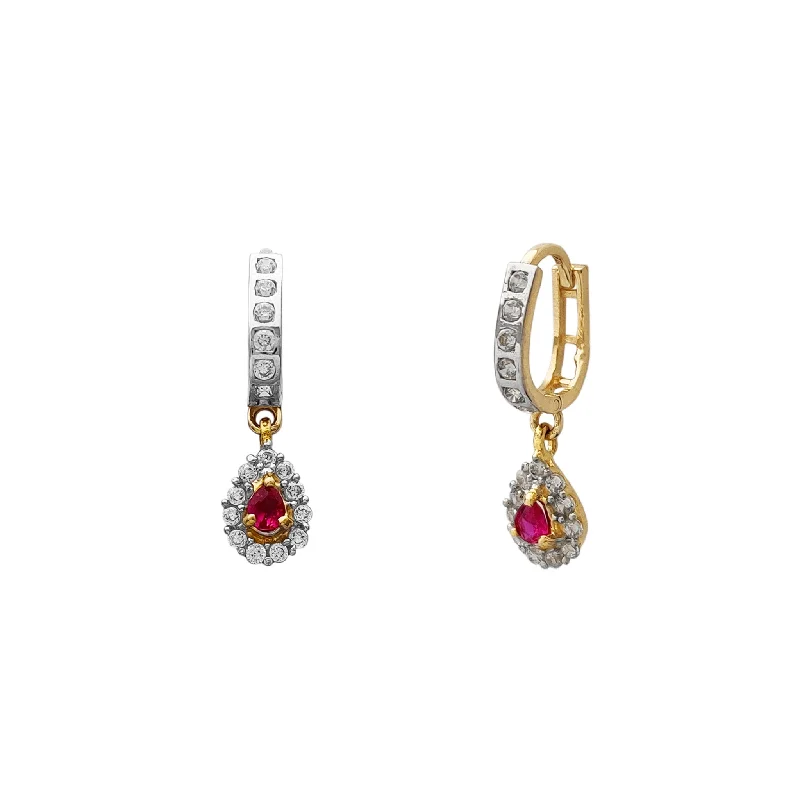 oval earrings for women-Two-Tone Halo Red Stone Teardrop Dangling Earrings (14K)