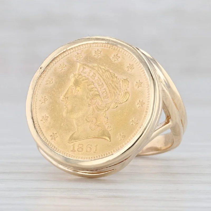 custom wedding and engagement rings for women-Authentic 1861 Liberty Coin Ring 14k 22k Yellow Gold 2.50 Dollars Size 7